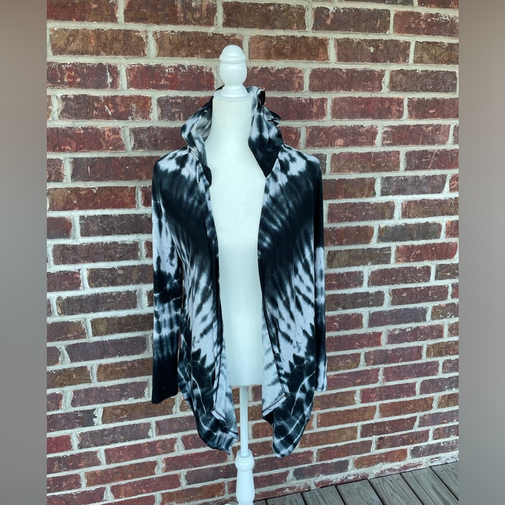Ladies Maurices Black And Gray Tie Dye Hooded Open Front Cardigan Size Medium